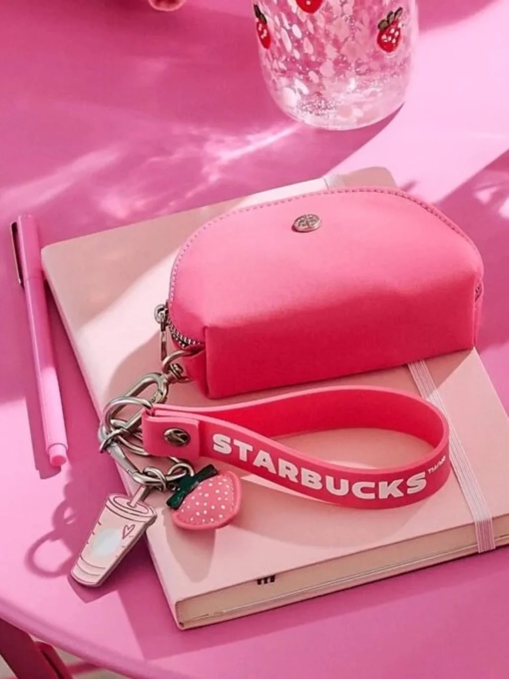 Starbucks Pink Keychain Coin Purse with Strawberry & Cup Charms